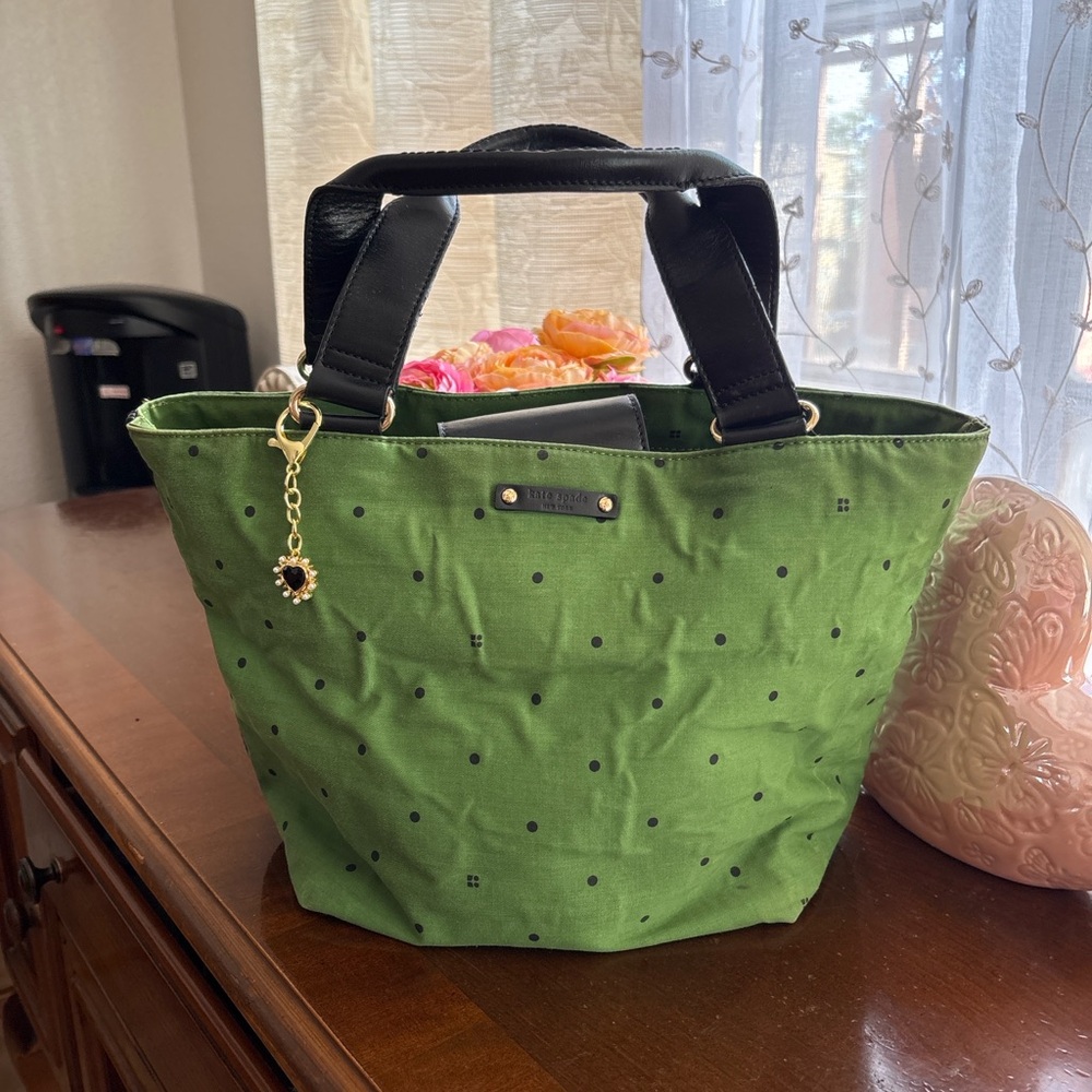 Kate Spade Green Polka Dot Tote Bag with Black Handles